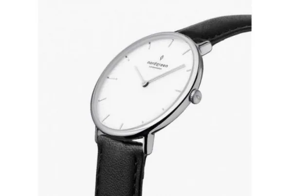 Native silver, white dial, 40mm black leather watch