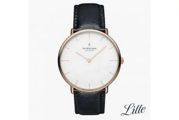 Native rose gold, white dial, 32mm black leather watch