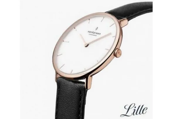 Native rose gold, white dial, 32mm black leather watch
