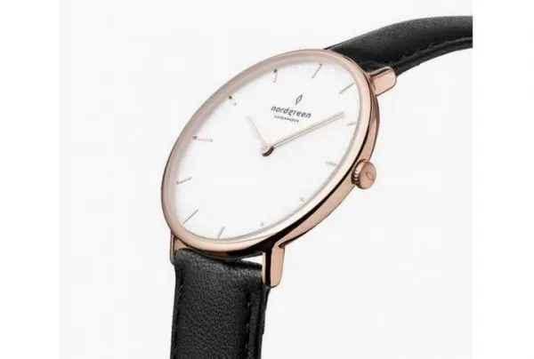 Native rose gold, white dial, 40mm black leather watch