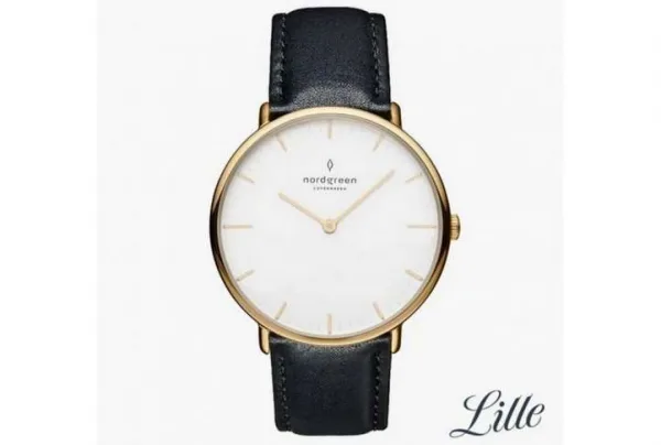 Native gold, white dial, 32mm black leather watch