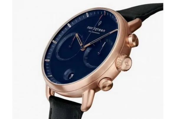 Pioneer navy blue dial, 32mm rose gold watch