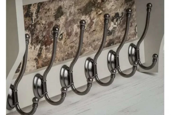 Heritage light grey shelf with 6 pewter coat hooks