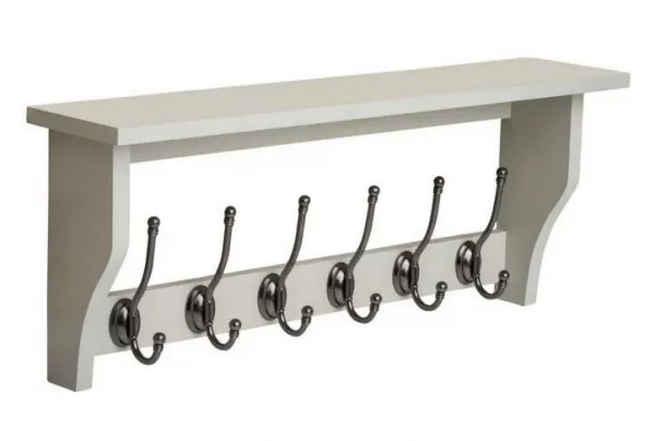 Heritage light grey shelf with 6 pewter coat hooks