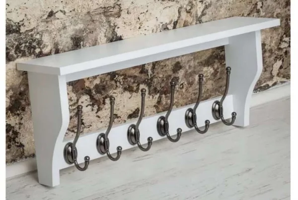 Heritage white shelf with 6 pewter coat hooks
