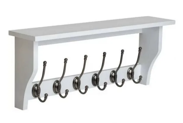 Heritage white shelf with 6 pewter coat hooks