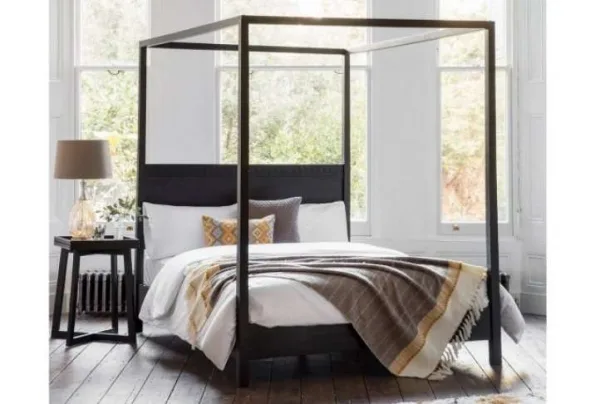 Boho antique matt black 4 post king bed