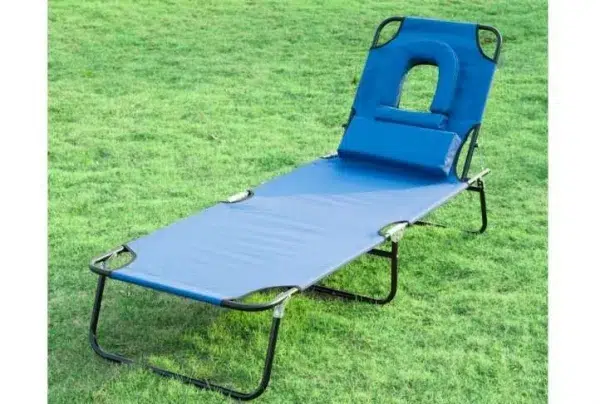 Blue sun lounger with reading hole & pillow