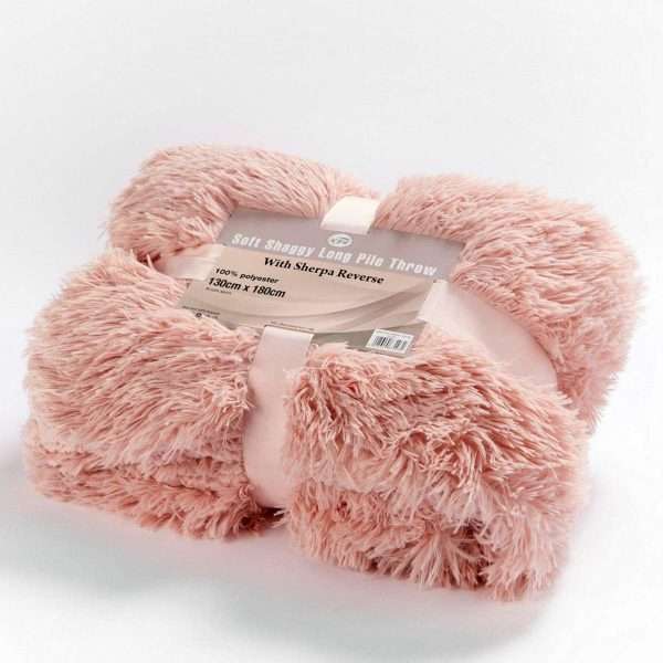 Blush pink long pile sherpa throw, 130 x 180cm