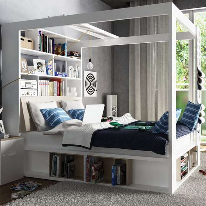 4you 4poster king size bed with storage and shelves, white