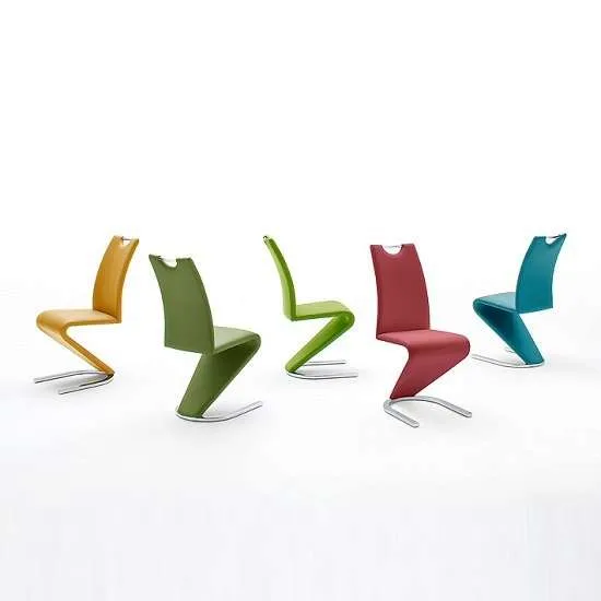 Amado dining chairs, faux leather. Group of different coloured chairs in a row