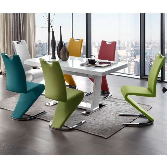 Amamado dining chairs, faux leather. Group of different colours around a dining tableado dining chair, faux leather