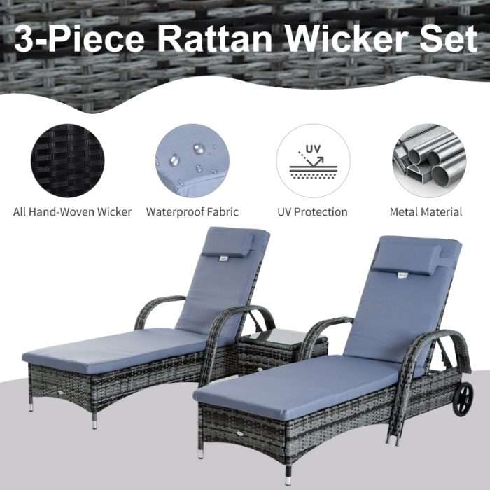 Outsunny 3 piece rattan sun lounger set, black