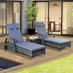 Outsunny 3 Piece Rattan Sun Lounger Set, Black