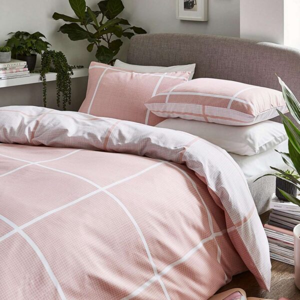 Tait pink check printed reversible duvet set
