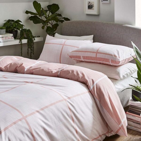 Tait pink check printed reversible duvet set