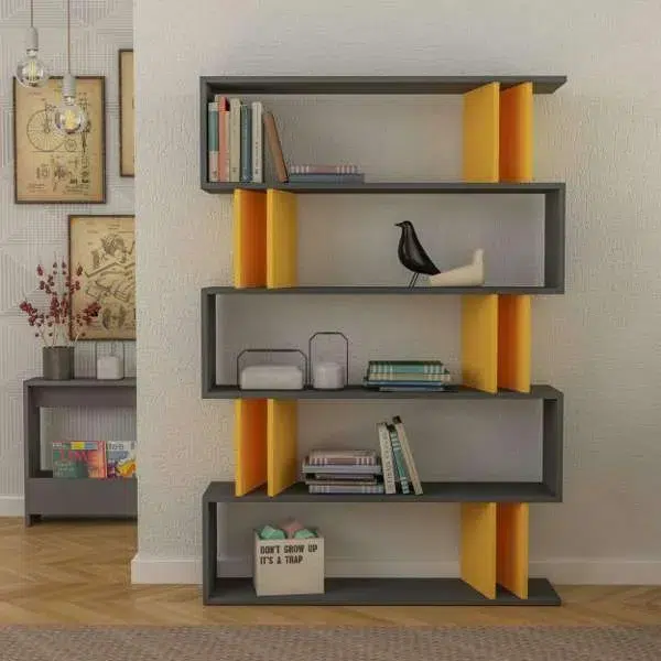Part six shelf bookcase - grey & mustard