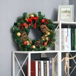 Pre-Lit Artificial Christmas Door Wreath, 60 cm Diameter