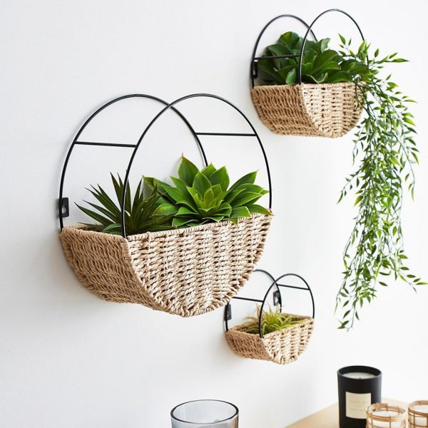 Set of 3 Wall Secured Rattan Planters