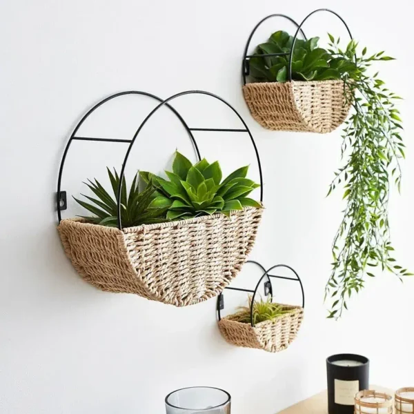 Set of 3 Wall Secured Rattan Planters