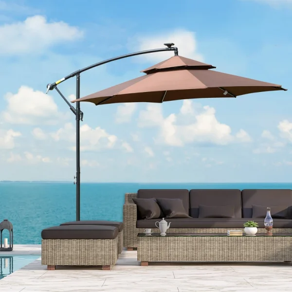 Outsunny 3m cantilever solar led garden parasol with crank handle, brown