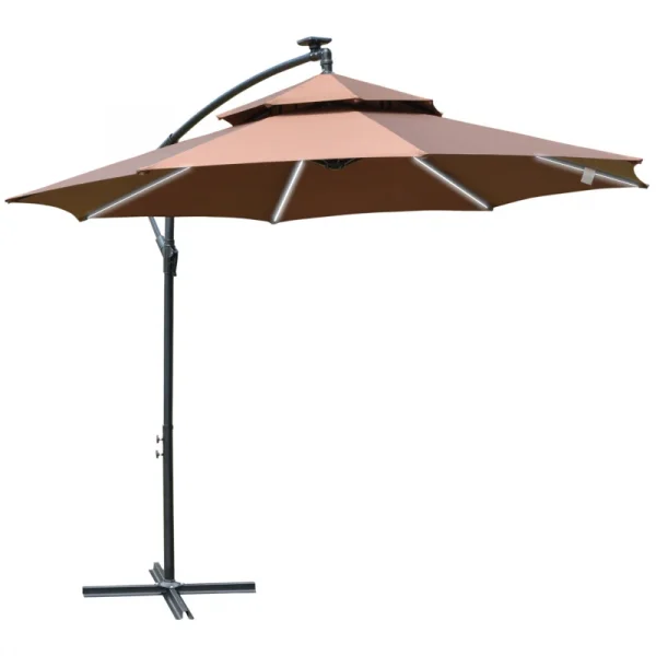 Outsunny 3m Cantilever Solar LED Garden Parasol With Crank Handle, Brown