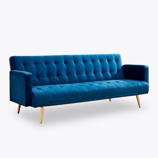 Luxury Blue Velvet 3 Seat Sofa Bed With Rose Gold Legs