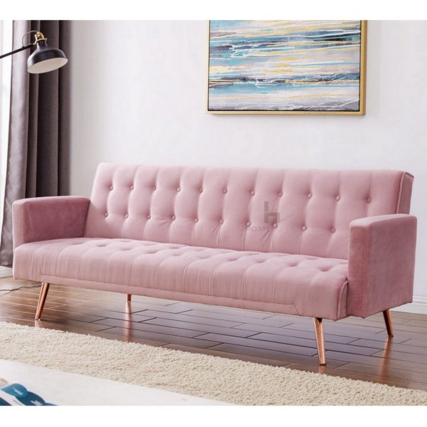 Luxury Blush Pink Velvet Sofa Bed With Rose Gold Legs