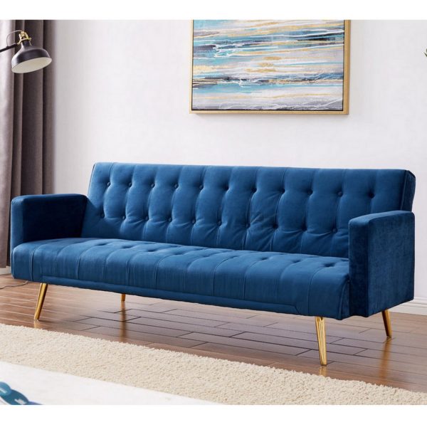 Luxury Blue Velvet 3 Seat Sofa Bed With Rose Gold Legs