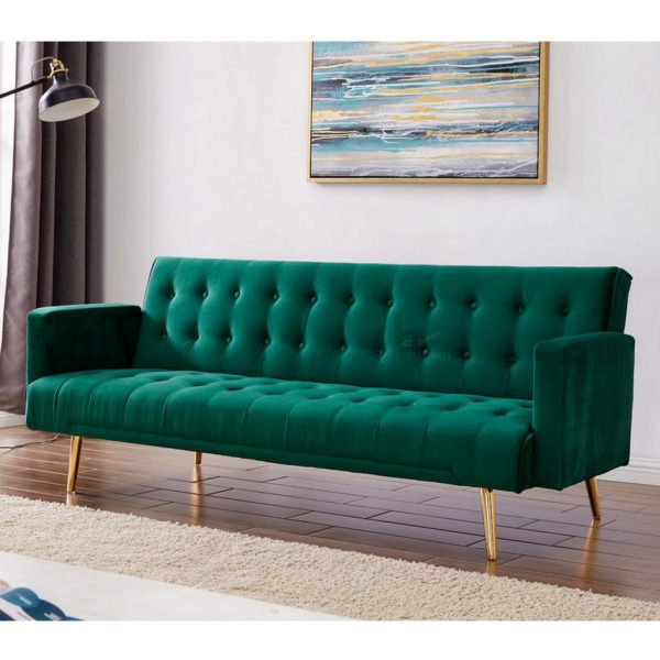 Luxury Green Velvet 3 Seat Sofa Bed With Rose Gold Legs