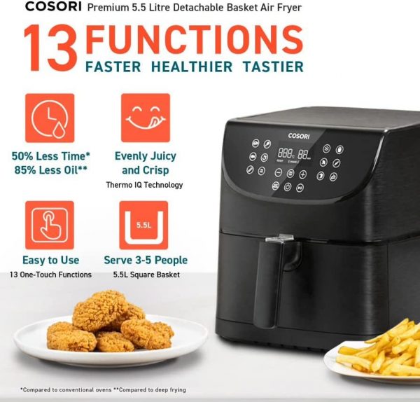 Cosori air fryer xxl 5. 5l, 100 recipe book, non-stick, dishwasher safe