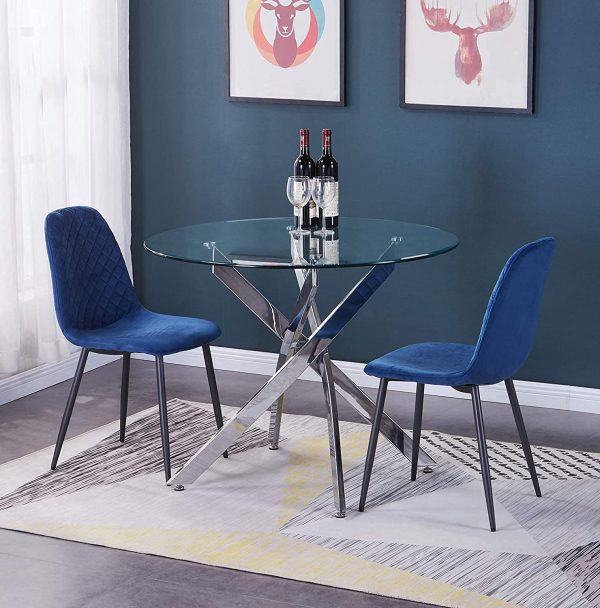 Set of 2 Blue Velvet & Metal Legs Dining Chairs