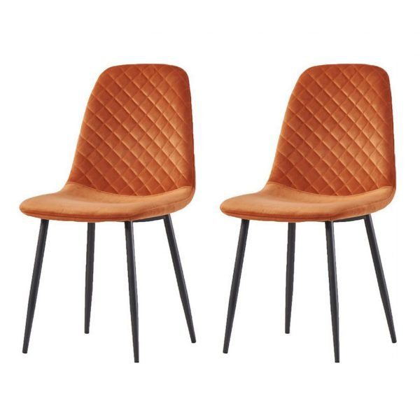 Set of 2 Orange Velvet & Metal Legs Dining Chairs