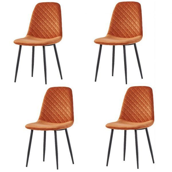 Set of 4 Orange Velvet & Metal Legs Dining Chairs