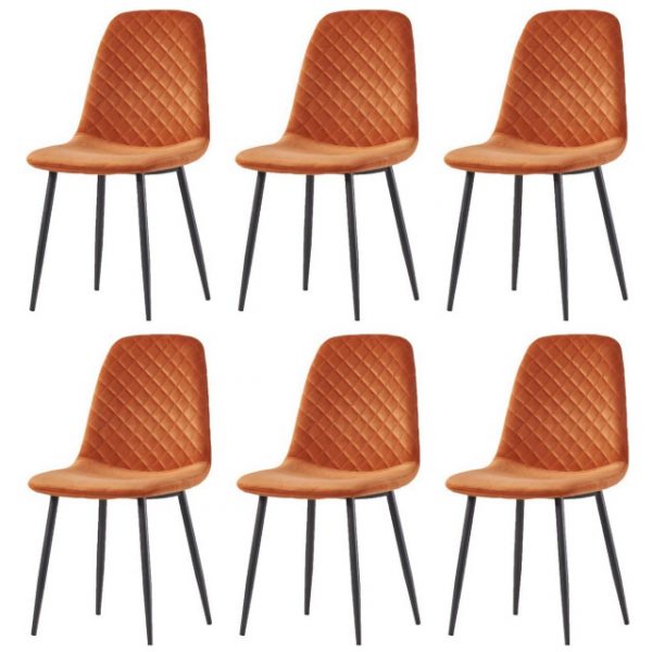 Set of 6 Orange Velvet & Metal Legs Dining Chairs