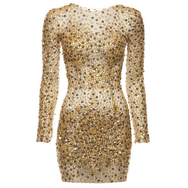 Stunning Zuhair Murad Mesh Beaded Gold Dress - Size 4