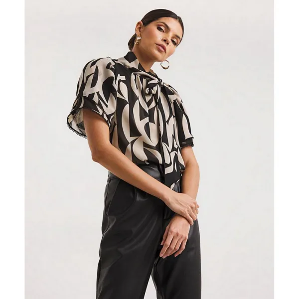 Joanna Hope Geo Tie Neck Ruffle Blouse