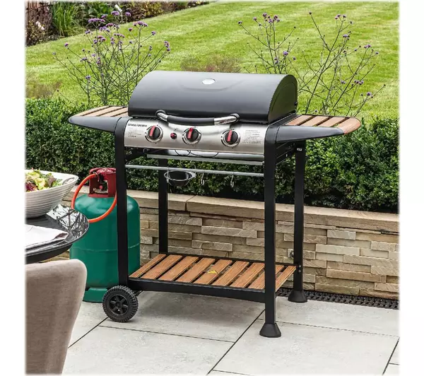 George Foreman GFGBBQ3BW 3-Burner Grill Gas BBQ - Black & Wood Effect