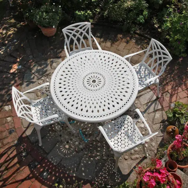 Alice120cm round cast aluminium patio table set, 4 seater, white