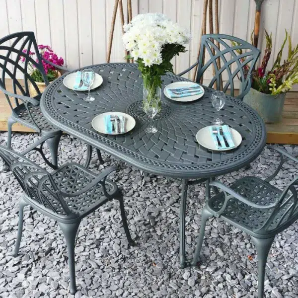 JUNE Slate Grey 4 Seater Oval Cast Iron Table & Chairs