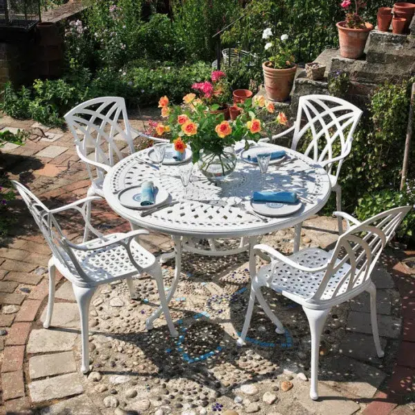 Alice120cm Round Cast Aluminium Patio Table Set, 4 Seater, White