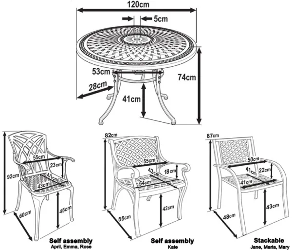 Alice120cm Round Cast Aluminium Patio Table Set, 4 Seater