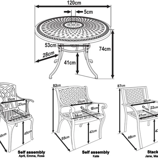 Alice120cm Round Cast Aluminium Patio Table Set, 4 Seater