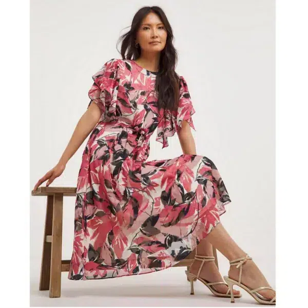 Joanna Hope Floral Petal Sleeve Dress, Pink and Black Floral