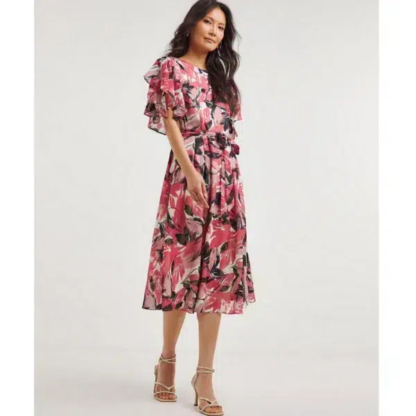 Joanna Hope Floral Petal Sleeve Dress, Pink and Black Floral