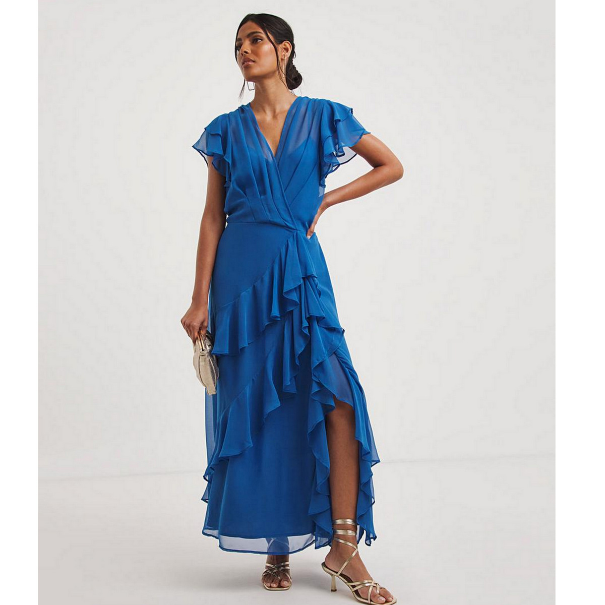 Joanna Hope Blue Printed Ruffle Maxi Dress | Absolute Home
