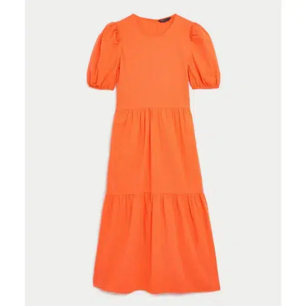 Cotton Rich Puff Sleeve Midi Tiered Dress - Orange