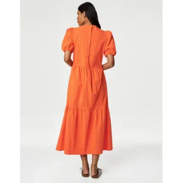 Cotton rich puff sleeve midi tiered dress - orange