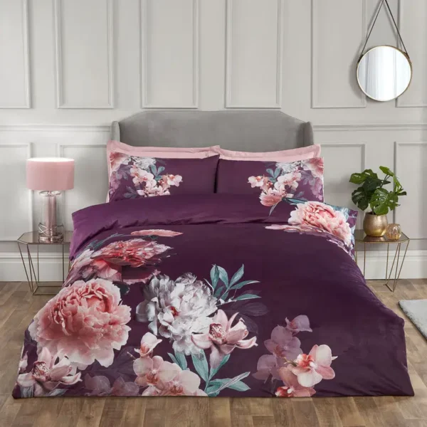 Aria Plum Floral Print Velvet Touch Duvet Set