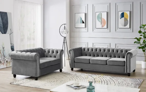 2 seater chesterfield sofa, grey velvet